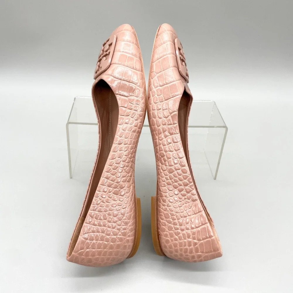 Tory Burch Georgia Ballet Flats Womens 9.5M Pink Croc Leather Square Toe Preppy